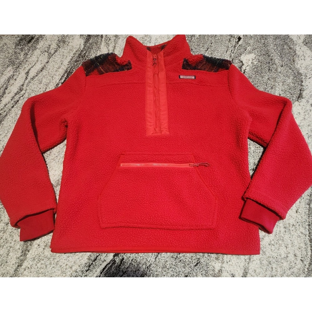 VINEYARD VINES APRES SHERPA 1/4 ZIP PULLOVER WOMENS SMALL RED FLANNEL SWEATSHIRT
